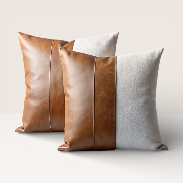 Brown and White Leather Cushion Set